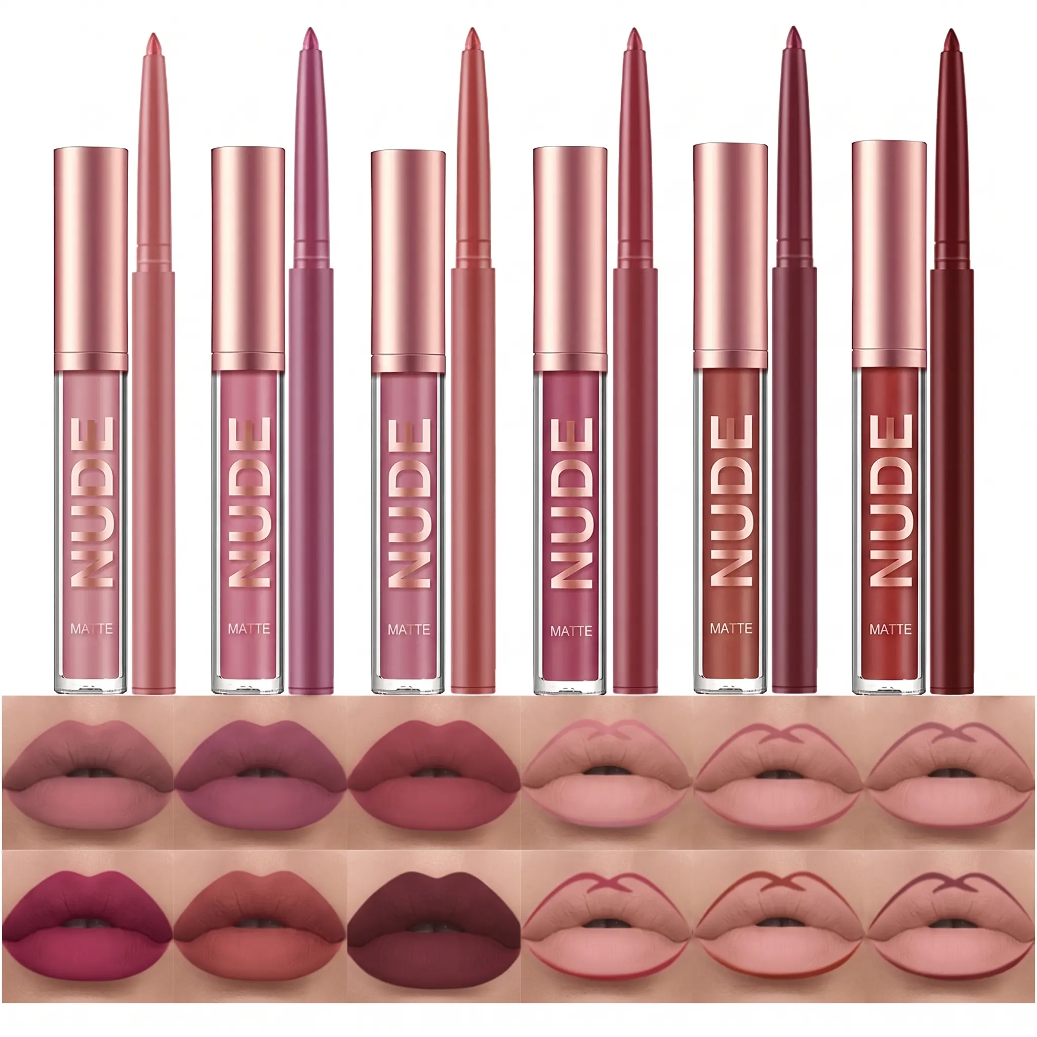 12 Pcs Matte Liquid Lipstick & Lip Liner Set, Velvety Nude Lip Stain Kit, Waterproof Long-Wear Lip Makeup Gift Set