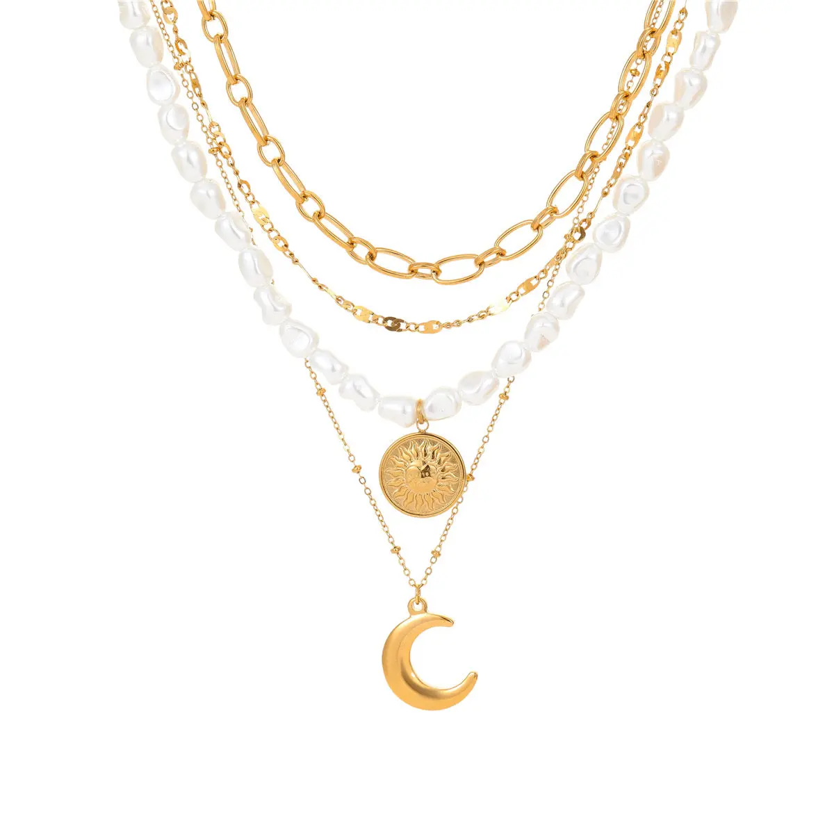 Real Gold Plated Solara Layer Necklace, sun moon elegant modern waterproof non tarnish stainless steal layered necklace