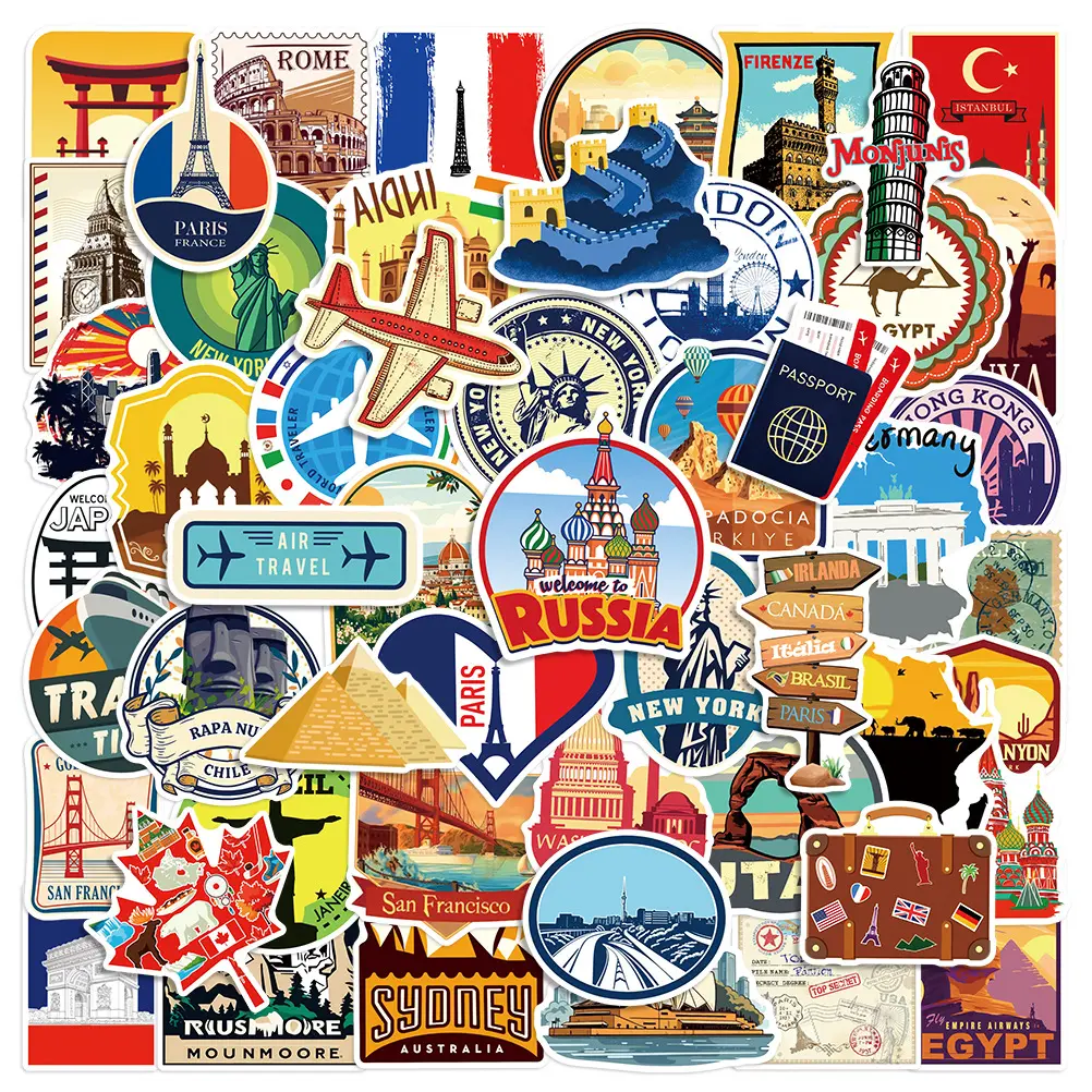 50pcs World Travel Series Graffiti Stickers Suitable for Suitcases, Mobile Phone Cases, Laptops, Helmets, Skateboards Waterproof Decorative DIY Creative Stickers