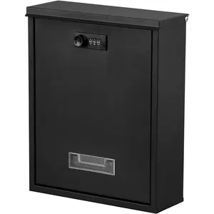 Locking Mailbox Wall Mount, Wall Mounted Mailbox with Combination Lock, Large Drop Box with Galvanized Steel Cover, Rust-Proof Metal  Box, Black, 10.2" x 3.7" x 12.6"