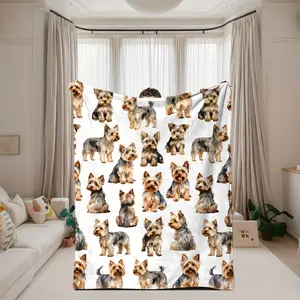 1pc Soft Flannel Yorkshire Terrier Print Throw Blanket - Contemporary Cartoon Dog Pattern, Lightweight Warm, Knitted Polyester, Digital Print, All-Season Comfort for Bed, Sofa, and Travel-280GSM