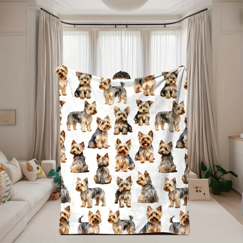 1pc Soft Flannel Yorkshire Terrier Print Throw Blanket - Flannel Blankets, Durable Contemporary Cartoon Dog Pattern, Lightweight Warm Knitted Polyester, Digital Fade-Resistant Print, 280GSM, All-Season Use for Bed, Sofa