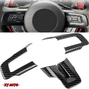 Black Carbon Fiber Steering Wheel Cover Trim, Car Interior Accessories Fit for Ford Mustang 2015 2016 2017 2018 2019 2020 2021 2022 2023 Carbon Fiber Decoration