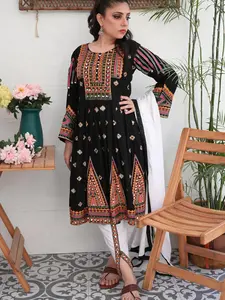 3-Piece Anarkali Set in Black – Mirror & Embroidered Work Comfort Embroidery Fabric Traditional