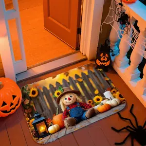 Autumn Scarecrow & Pumpkins Welcome Door Mat - Non-Slip Indoor/Outdoor Mat with Sunflowers & Fall Foliage, Soft Front Door Mat for Halloween