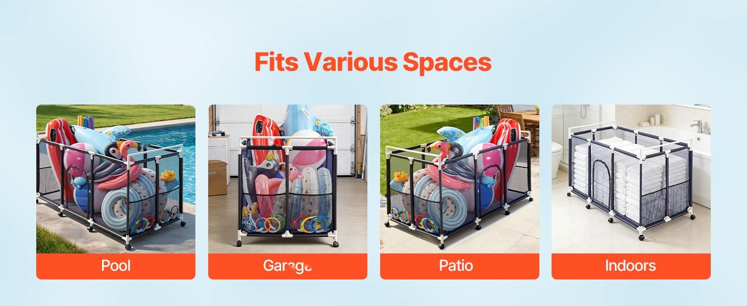 Pool Storage Bin And Rolling Organizer For Pools, 62.6 X 32 X 36 Inches, Durable Plastic Frame With Side Pockets, Casters, Mesh Basket For Pool Toys, Noodles, Floats, And Accessories