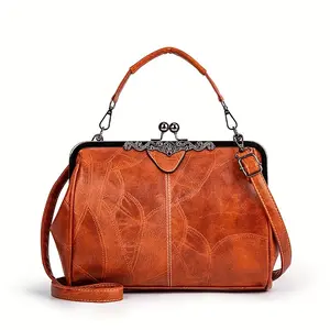 1pc Women'S Geometric Striped Faux Leather Crossbody Bag with Removable Strap, Kiss Lock Closure, Polyester Lining, Edge Paint Detail - Fashion Shoulder Bag with Thickened Faux Leather, European and American Oil Faux Leather Style