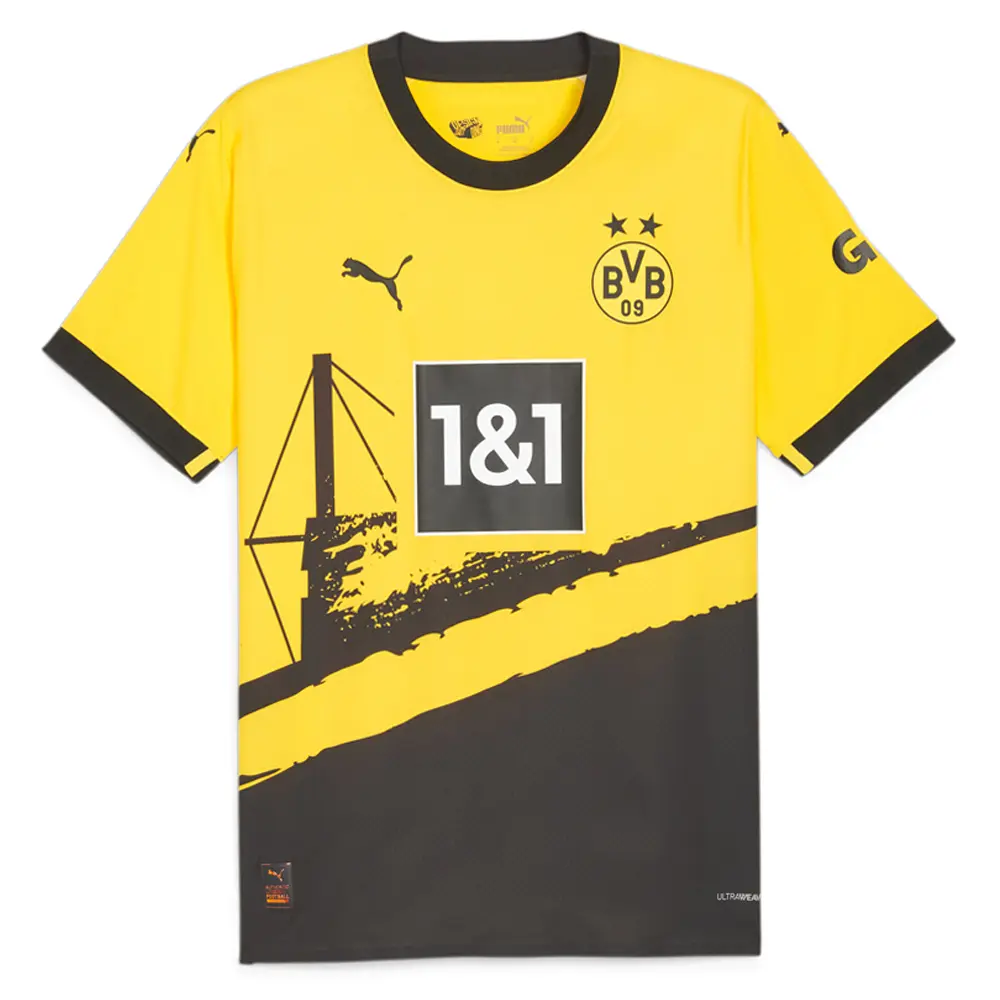 PUMA Mens Bvb Home Authentic Crew Neck Short Sleeve Jersey Casual - Black, Yellow