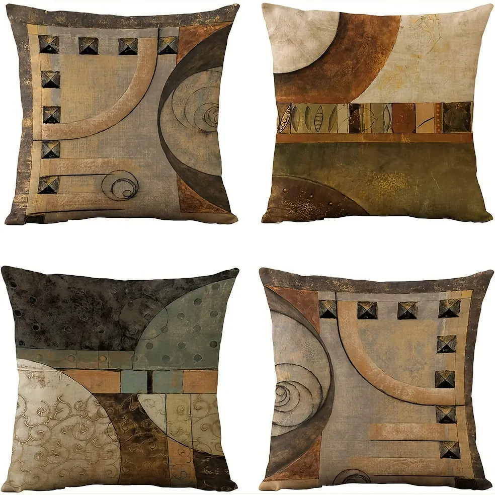 4pcs-Vintage Geometric Throw Pillow Covers,  Decorative Zippered Cushion Cases for Couch and Bed, Machine Washable, Woven Pillowcases for Various Room Types, Single-sided Printing Without Pillow Core, Home Textile