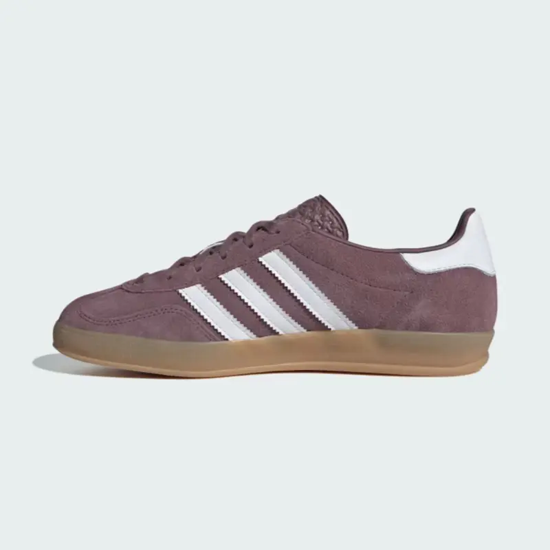 Adidas Women's Gazelle Indoor Retro Casual Trainer Shoes - Shadow Fig Suede Upper, Striped Design, Translucent Gum Sole