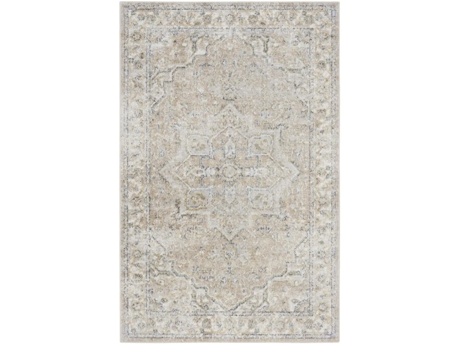 360 Stand Rectangle Area Rug, 4x6 ft Beige Neutral Tones Oriental Motif, Machine Washable Power-Loomed Polyester Fiber Carpet
