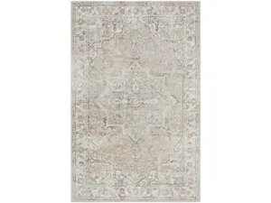 360 Stand Rectangle Area Rug, 4x6 ft Beige Neutral Tones Oriental Motif, Machine Washable Power-Loomed Polyester Fiber Carpet