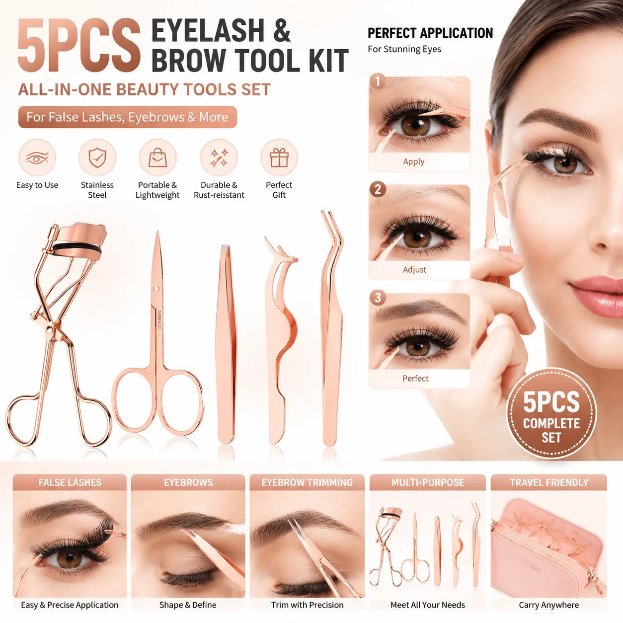 5PCS False Eyelash Applicator Tool Kit, Lash Applicator with Tweezers and Eyebrow Scissors, Eye Makeup Tools for Easy False Lash Application