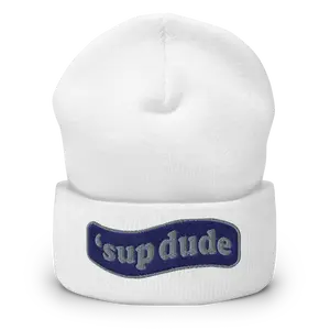 Blue Embroidered Sup Dude Knit Cuffed Beanie Winter Hat - Beanies Men - Hypoallergenic, Unisex Style, Hand Washable