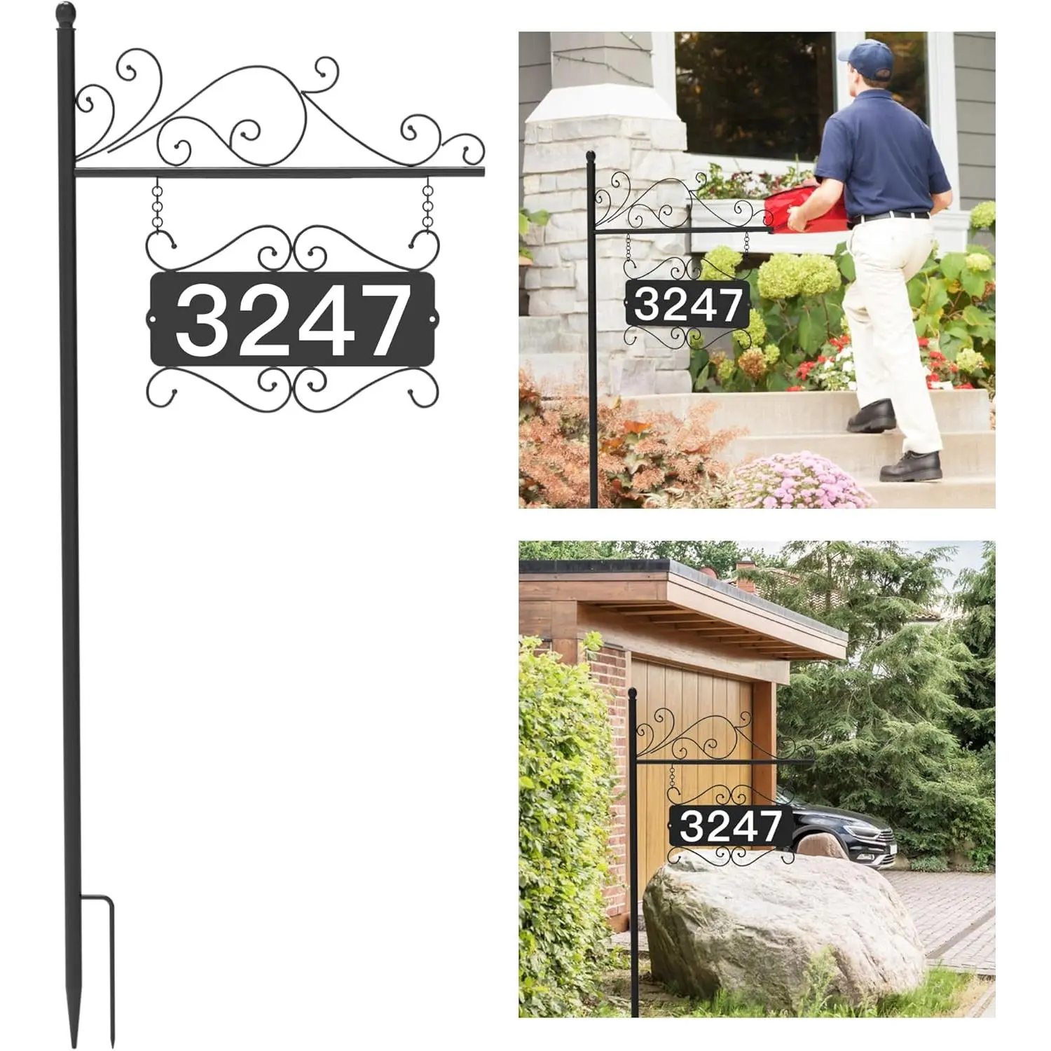 Metal Address Plaque for Outside, House Numbers for Outside, Street House Numbers for Outside, Address Sign for Houses, Double-Sided Address Sign for House Home Street Garden Yard (44" Pole)