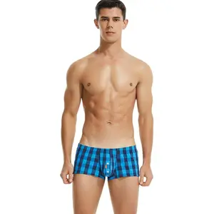 2026 New Men's Pure Cotton Woven Plaid Boxers Low Waist U Convex Grid Arrow Design Stylish Cotton Hipster Underwear for Home Use Fashion Briefs Shorts Menswear Beige - Plain
