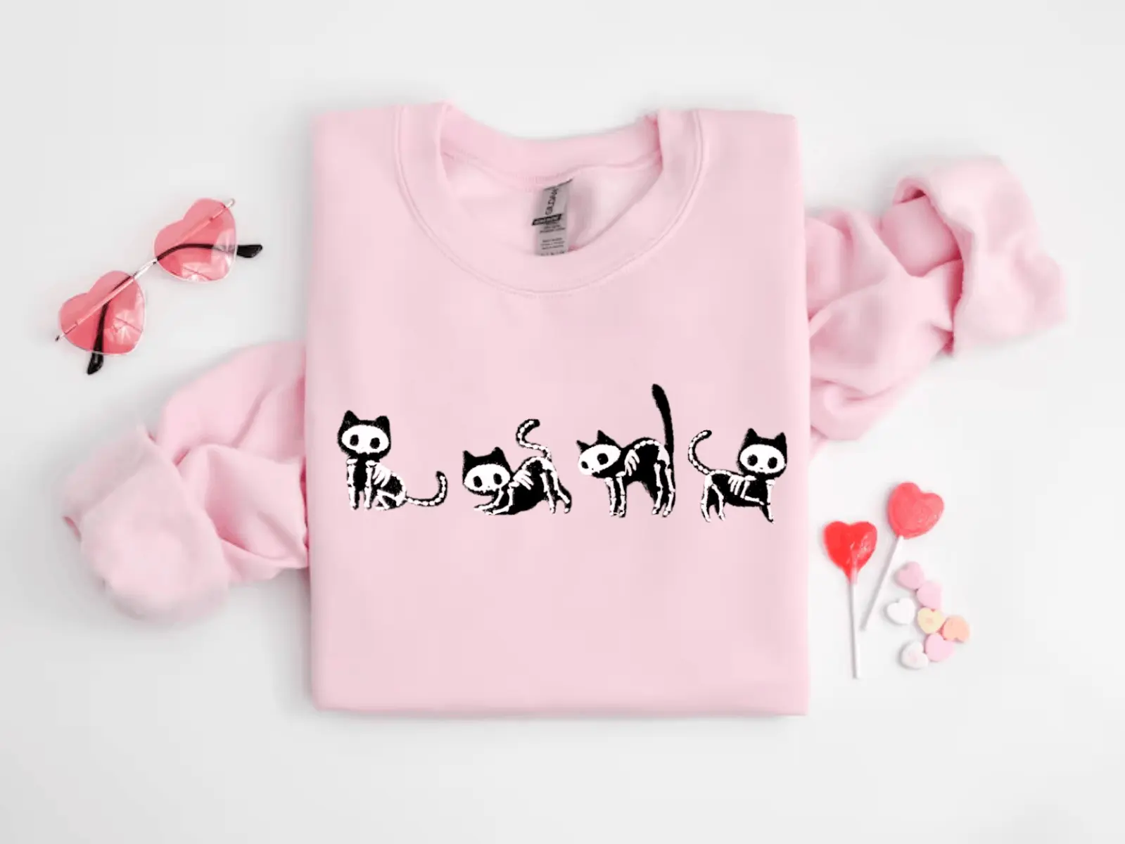 Skeleton Cats Sweatshirt, Cute Fall Ghost Shirt, Autumn Graphic Pullover for Women