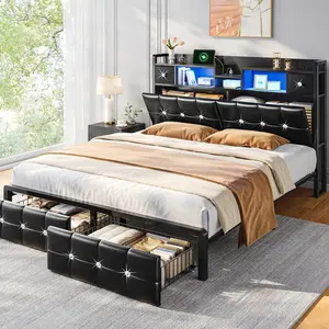 Diamond-Tufted Leather Upholstered Bed Frame with 4 Drawers & Hidden Cabinet Bookcase, 47.2" Tall Headboard, Modern LED Platform Bed Frame for Queen King Full with Charging Station, No Noise, No Box Spring Needed, Metal Frame & Slats for Bedroom