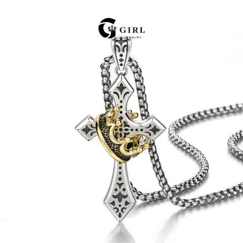 GGIRL Retro Gothic Style Personalized Punk Titanium Steel Crown Cross Necklace, Unisex Cuban Link Chain Jewelry, Hip-Hop Decoration, Metallic Temperament Accessory, Ideal Party/Birthday Gift (Fashion Necklaces for Enthusiasts)