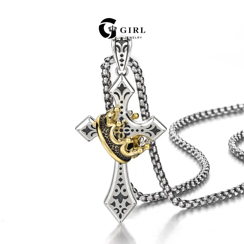 GGIRL Retro Gothic Style Personalized Punk Titanium Steel Crown Cross Necklace, Unisex Cuban Link Chain Jewelry, Hip-Hop Decoration, Metallic Temperament Accessory, Ideal Party/Birthday Gift (Fashion Necklaces for Enthusiasts)