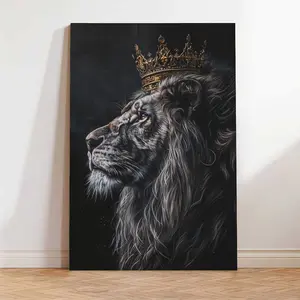 Black African Wall Art Golden Crown Wall Decor King Lion Picture Animal Canvas Prints Afro Artwork for Home Office Living Room Decoration
