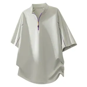 Men’s half-zip athletic T-shirt with color-block panels and short sleeves; versatile, stylish, trendy summer streetwear polo; casual, laid-back American style; suitable for everyday wear and outdoor leisure sports.