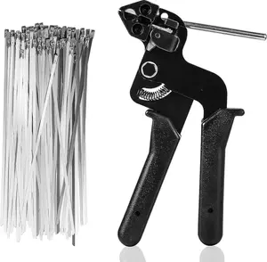 Black Metal Zip Ties with Stainless Steel Cable Tie Gun for Fastening and Cutting Metal Cable Ties, with 100pcs 11.8inch Uv Resistant Steel Zip Ties for Chain Link Fence, Exhaust Pipe