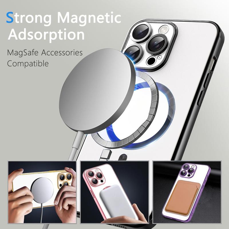 For iPhone17 16 15 14 13 12 11 Pro max Plus MagSafe Cases with Camera Lens Protector Full Protection Clear Magnetic Case Compatible with MagSafe Elegant Anti-Scratch Case Cover Shockproof Protective Case for 17 Pro Max