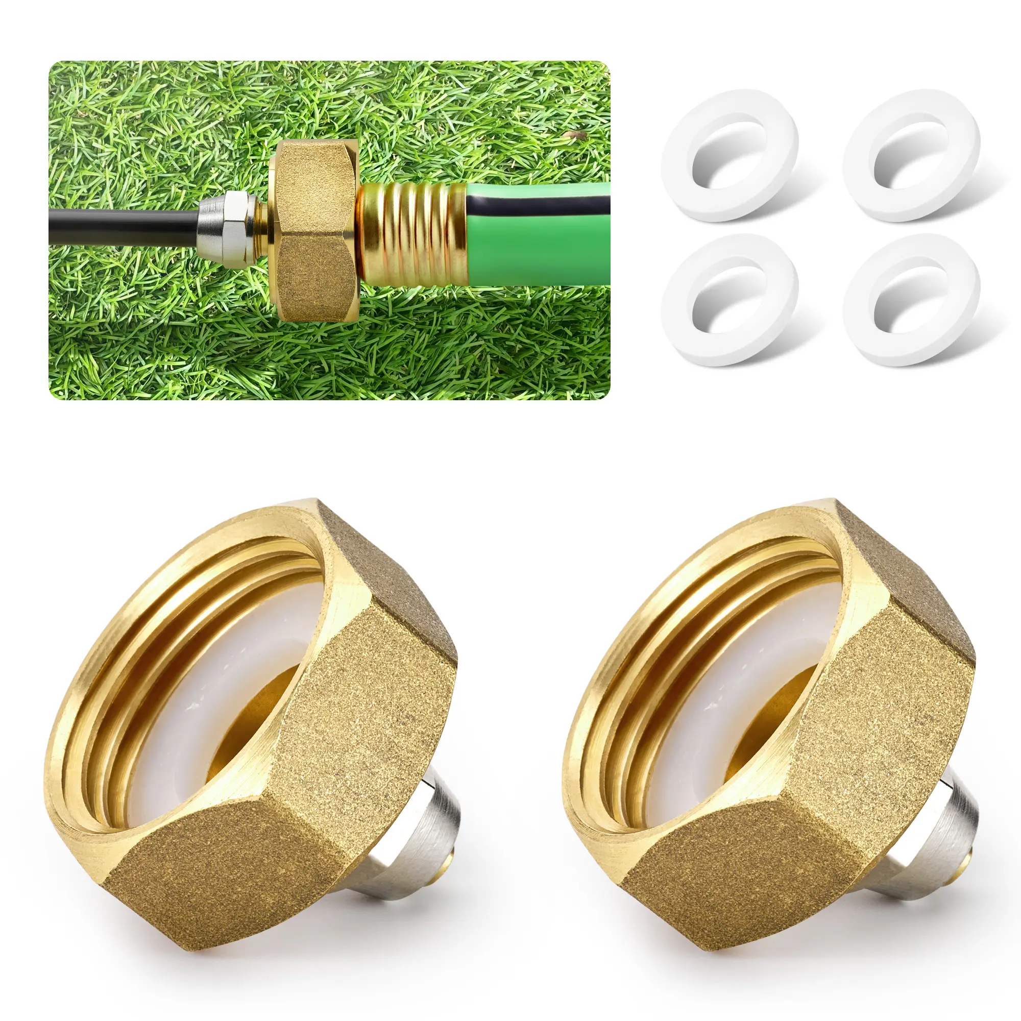 HOMENOTE US Standard Faucet Adapter, 3/4'' to 1/4'' Hose Adapter, Convert 3/4" Female Hose Thread Bib to 1/4" Tubing, 2 Brass Adapters with 4 Washers