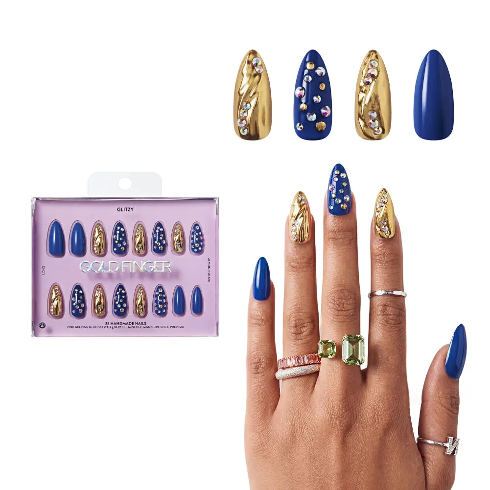 Gold Finger Glitzy 3D Press-On Nails in The Prime – Long Almond Fake Nails, Royal Blue & Gold Chrome with Rhinestones, Luxury Glue On Nails, 28 Pc Kit