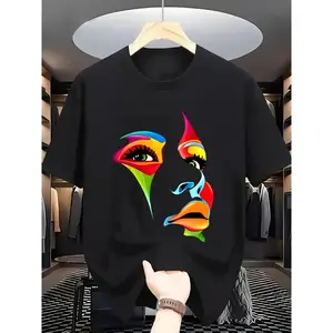 [100% Cotton] Men'S Summer Fashion Graphic T-Shirt - Short Sleeve, Round Neck, Light Blue With Vibrant Abstract Face Print, Casual Cotton Knit, Machine Washable, Summer Casual Wear    Vibrant Graphic Tee    Stretchy Fabric, T Shirt T-Shirt For Men And W