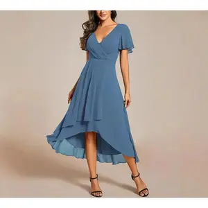 Women's Chiffon and Polyester Short-Sleeve A-Line Mid-Length High-Low Hem Dress with Lotus Leaf Flutter Sleeves and Surplice V-Neck for Wedding Guest Cocktail Party Thanksgiving Outfits
