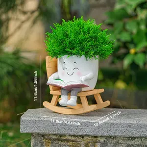 Resin Rocking Chair Bookworm Planter Pot, Flower Pots, Cute Cartoon Angel Theme Decorative Succulent Plant Holder, Indoor Outdoor Garden Decor, Unique Gift for Plant Lovers