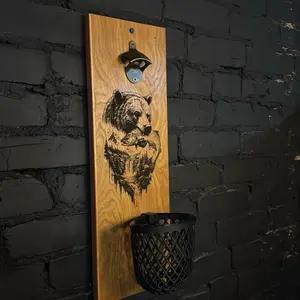 Rustic Bear Wall-Mounted Bottle Opener with Cap Catcher Wood Engraved Design Unique Wooden Artwork for Home Decor Detachable Sturdy Utensils