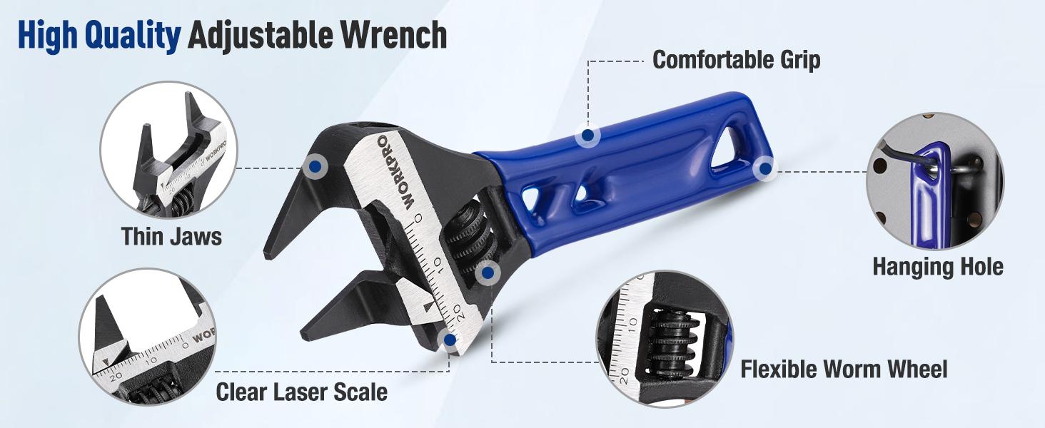 #backtoschool WORKPRO Stubby Wide Opening Adjustable Wrench, Small Adjustable Wrench with 2mm Slim Jaws for Easy Access to Tight Spaces, Metric/SAE Scales, Cr-V Steel
