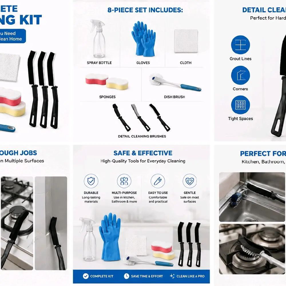 First Clean Kit for Teens. “All-in-One Starter Cleaning Set”8-Piece Home Cleaning Kit with Sponges, Rubber Gloves, Scrub Brushes, Spray Bottle & Cloth, Multi-Purpose Kitchen and Bathroom Supplies