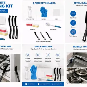 First Clean Kit for Teens. “All-in-One Starter Cleaning Set”8-Piece Home Cleaning Kit with Sponges, Rubber Gloves, Scrub Brushes, Spray Bottle & Cloth, Multi-Purpose Kitchen and Bathroom Supplies