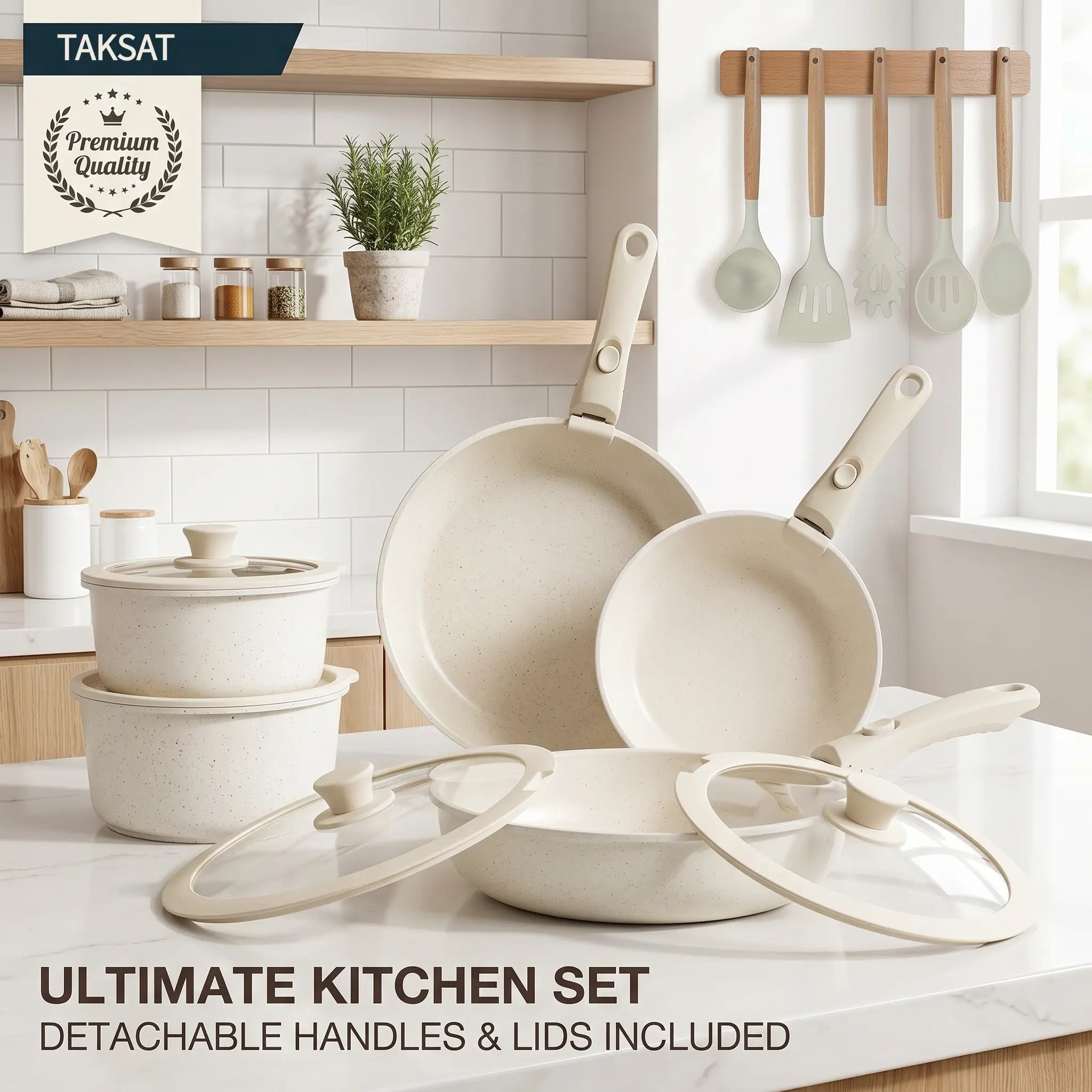 19pcs Kitchen Cookware Sets, Kitchenware Non-Stick Pots and Pans Set, kitchen supplies, Pans & Woks, Cookware, KitchenHacks, MealPrep, Detachable Handle, Oven Safe, cooking & caraway pan-Camping Dishes, Versatile cookware