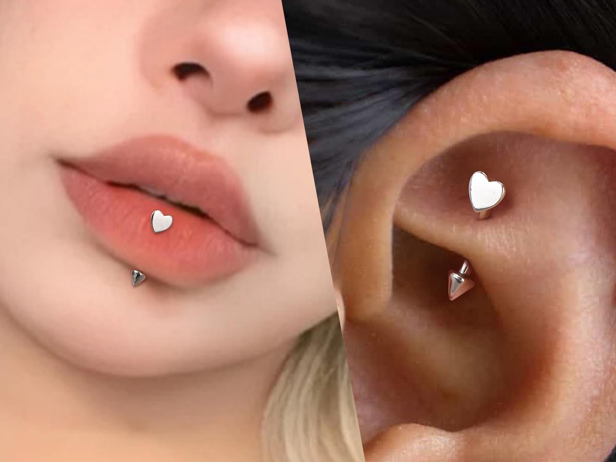 Oufer 16G S925 Flat Heart & Spike Eyebrow Rook Ring Vertical Labret Snake Bite Piercing Ring Bar Length 8mm Trendy Fine Jewelry Trendy Fine Jewelry Trendy Fine Jewelry