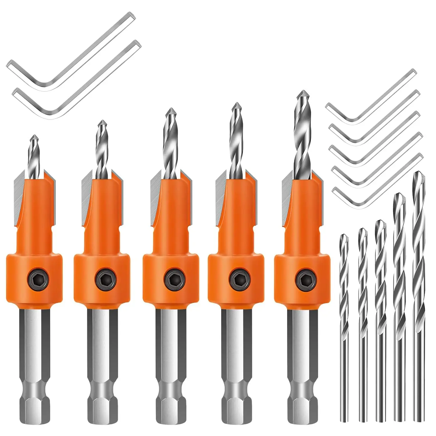 5Pcs Tungsten Steel Hex Shank Countersink Drill Bit Kit - Multi-Size Set with Quick Change, Wrenches, Depth Control, Tapered Pilot Holes for Woodworking, Ideal for DIY Projects, Furniture Building (MDF, Pine)