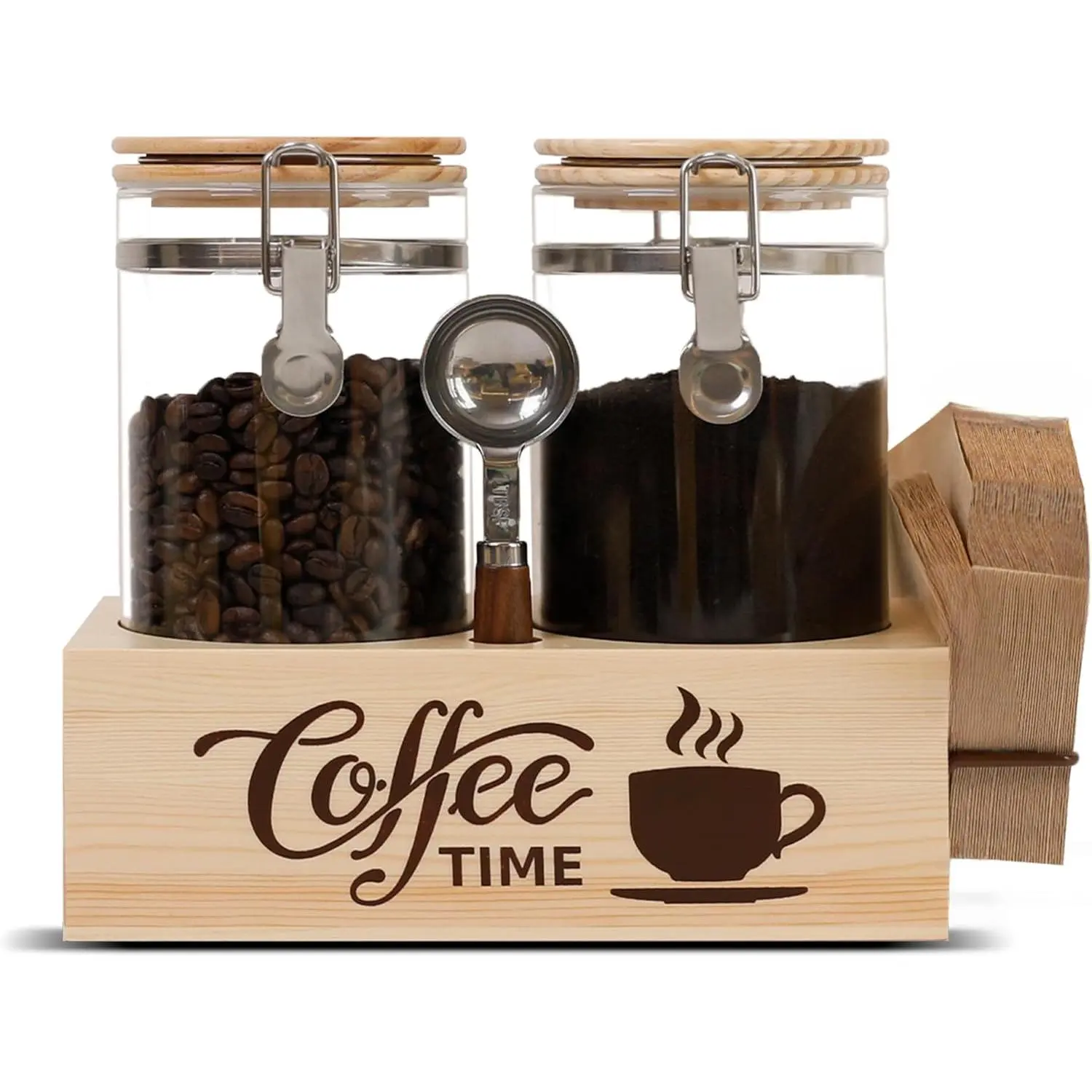 Glass Coffee Canister Set with Shelf & Spoon 2 count Coffee Containers for Coffee Bean Storage Airtight Seal, Coffee Bar Accessories Filter Holder for Kitchen Organization