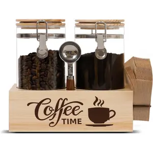 Glass Coffee Canister Set with Shelf & Spoon 2 count Coffee Containers for Coffee Bean Storage Airtight Seal, Coffee Bar Accessories Filter Holder for Kitchen Organization