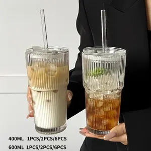 Large-Capacity Clear Striped Glass Tumbler with Lid, Reusable Cold-Drink Cup for Juice or Coffee, Hand-Wash-Only Drinkware for Home, Office, Indoor, Celebrations & Gift