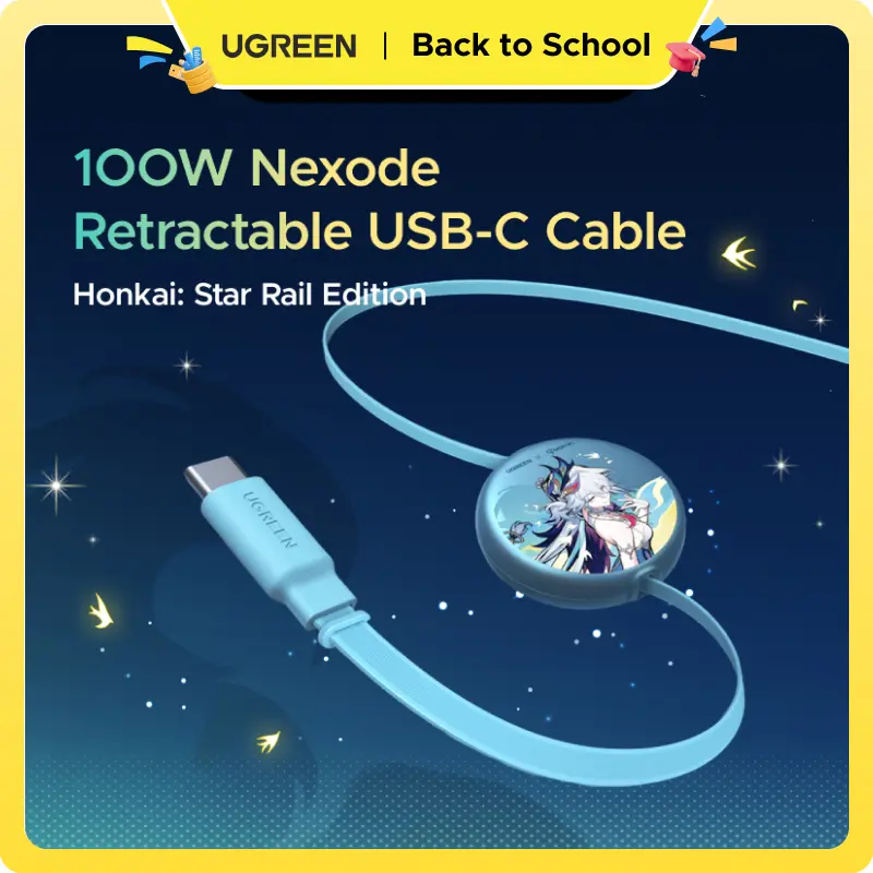UGREEN Nexode Retractable USB-C Cable Honkai: Star Rail Edition 100W, Glacier Blue, 3.3FT | USB C Charger Cable for iPhone 17/16, MacBook Pro/Air, Galaxy S26/S25, iPad Pro/Air, Pixel 10/9, Switch, AirPods tiktokshopbacktoschool