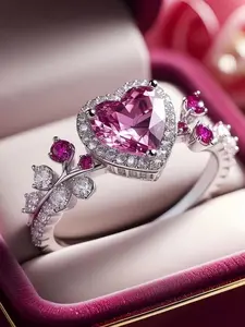 Elegant Silver Color Copper Ring with Heart-Shaped Synthetic Zirconia, Women's Wedding Engagement Jewelry Gift for Anniversary Valentine's Day, Heart Design Ring