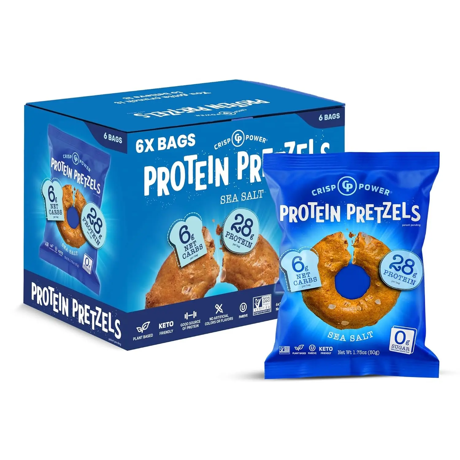 Crisp Power Crispy Crunchy Protein Pretzels - Sea Salt  Flavor Savory Snacks, 25g Protein, 300g Total, 6 Bags