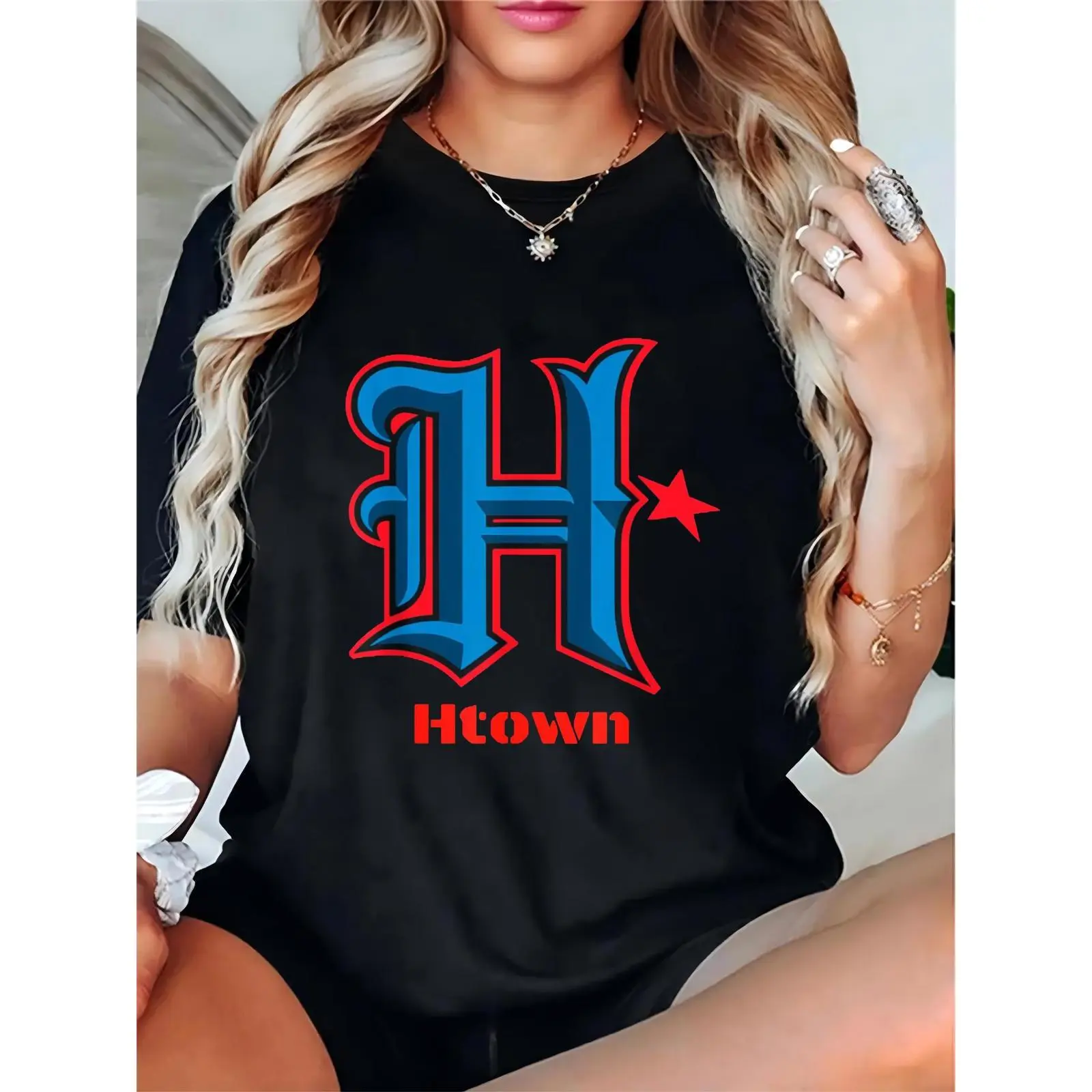 Statement Print Women's T-Shirts, Casual Houston Graphic Crew Neck Top in Pure Cotton, Short Sleeve Relaxed Fit, Lightweight & Breathable, Comfortable, Tops