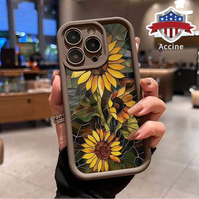 Artistic Sunflower Pattern Phone Case for iPhone 17 16 15 14 Pro Max 13 12 11 XR XS Plus Air Shockproof Non Slip Military-Grade Protection Silicone Cover Cellphone Casing