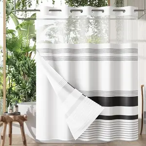 No Hook Shower Curtain and Liner Set, Shower Curtain with Liner and Hooks Built-in Less Time, Heavy Double Waterproof Farmhouse Shower Curtain Set for Bathroom, Black Stripe, 74"x72"