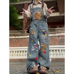 Retro Cartoon Embroidered Denim Overalls  Washed Loose Jumpsuit for Women -Streetwear Pants Cute Vintage Casual Womenswear Trouser Strap Oversized Jeans Vibe Workwear